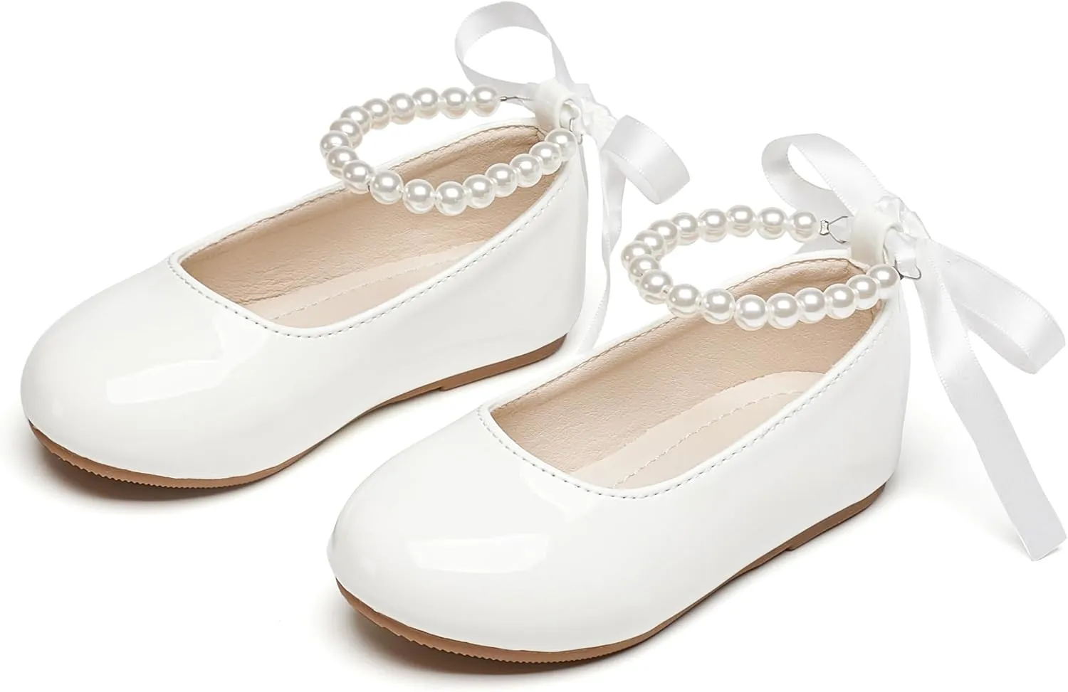 Toddler Flower Girl Dress Shoes - Little Girl Ballet Flats Pearl Strap for Wedding Party