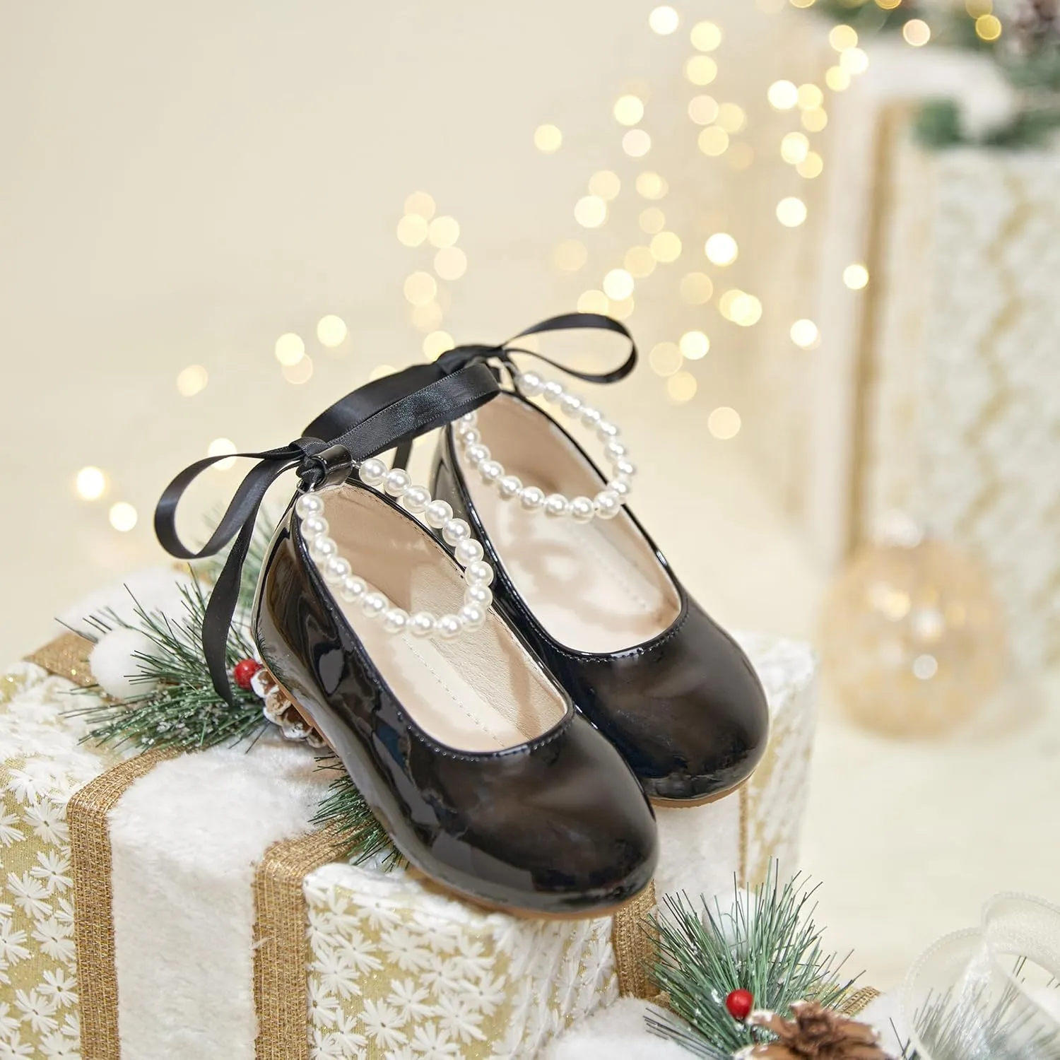 Toddler Flower Girl Dress Shoes - Little Girl Ballet Flats Pearl Strap for Wedding Party