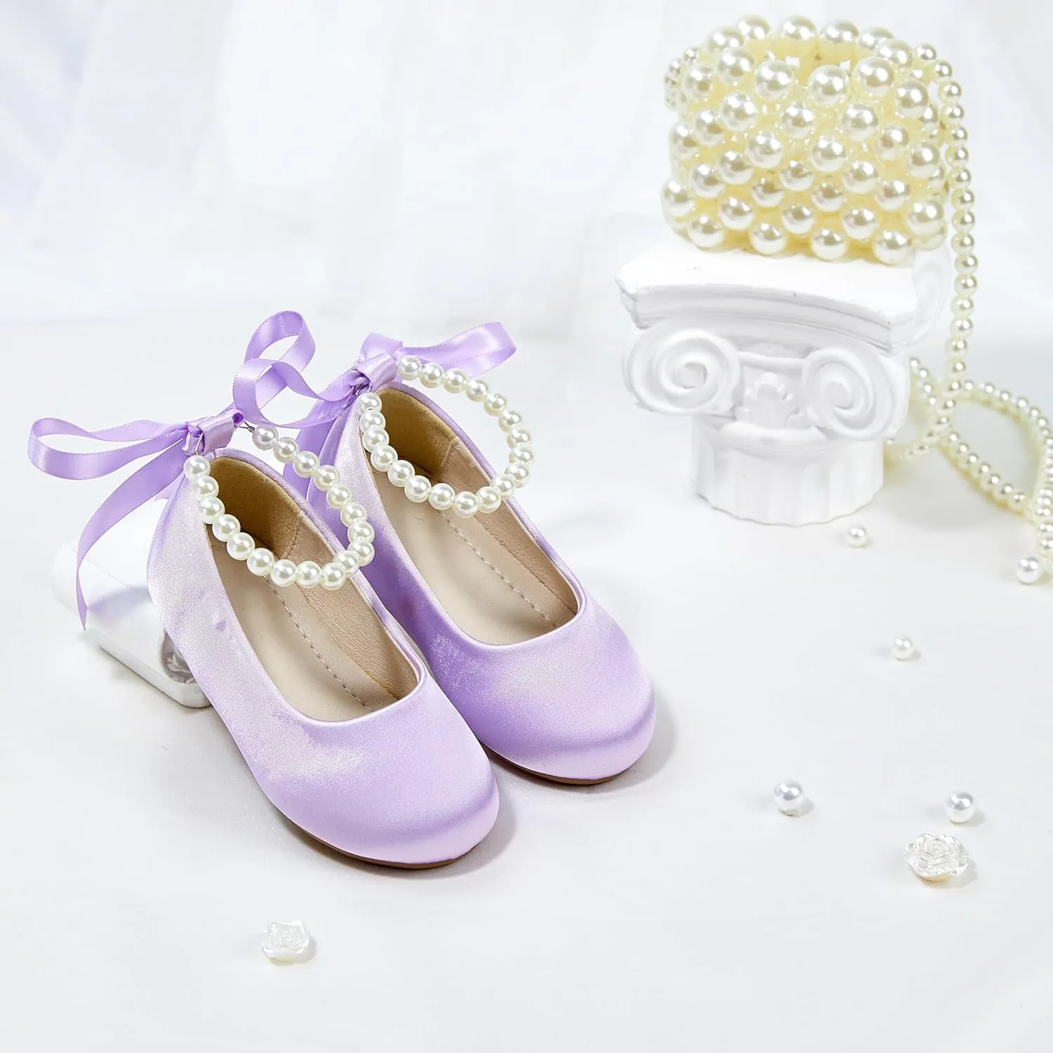 Toddler Flower Girl Dress Shoes - Little Girl Ballet Flats Pearl Strap for Wedding Party