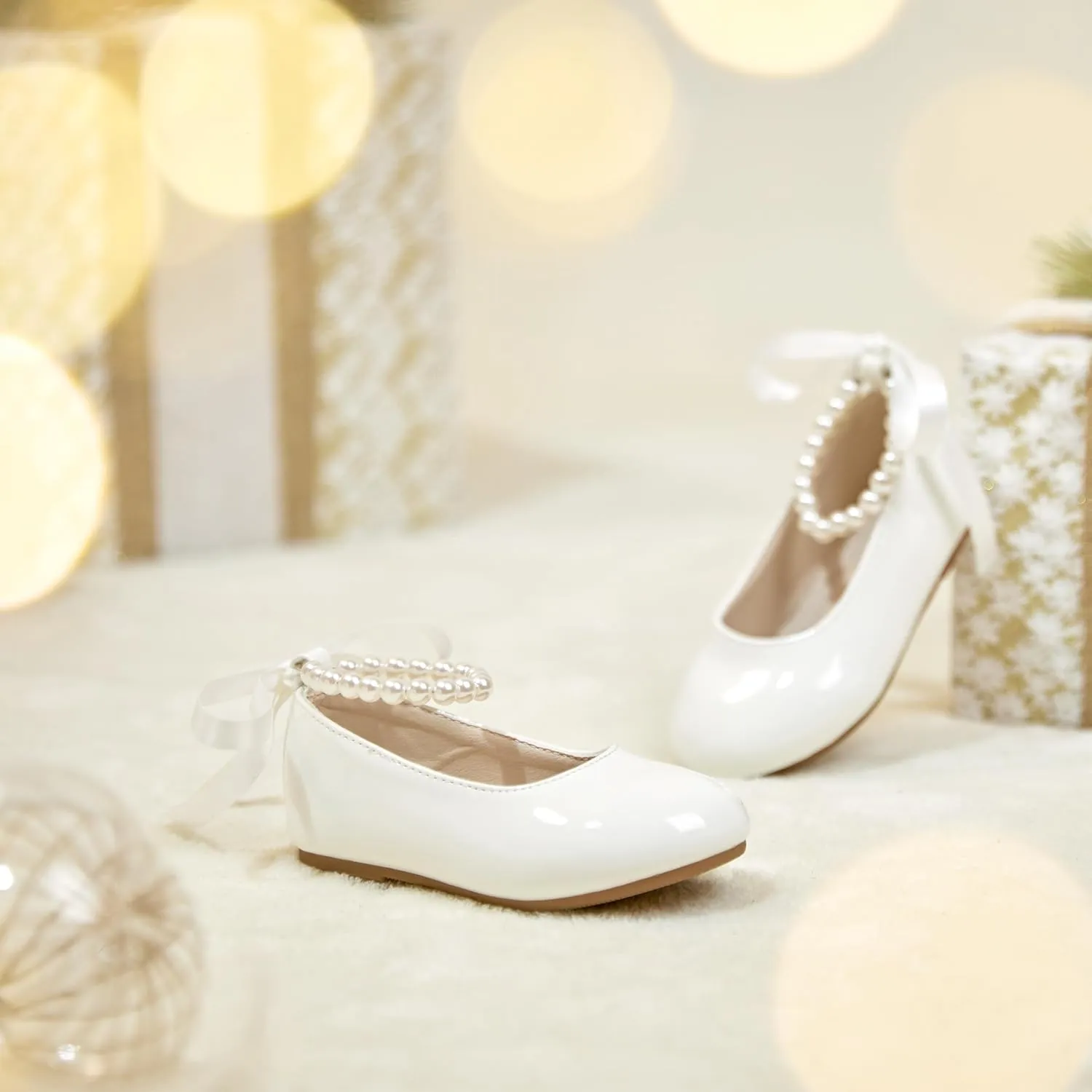 Toddler Flower Girl Dress Shoes - Little Girl Ballet Flats Pearl Strap for Wedding Party
