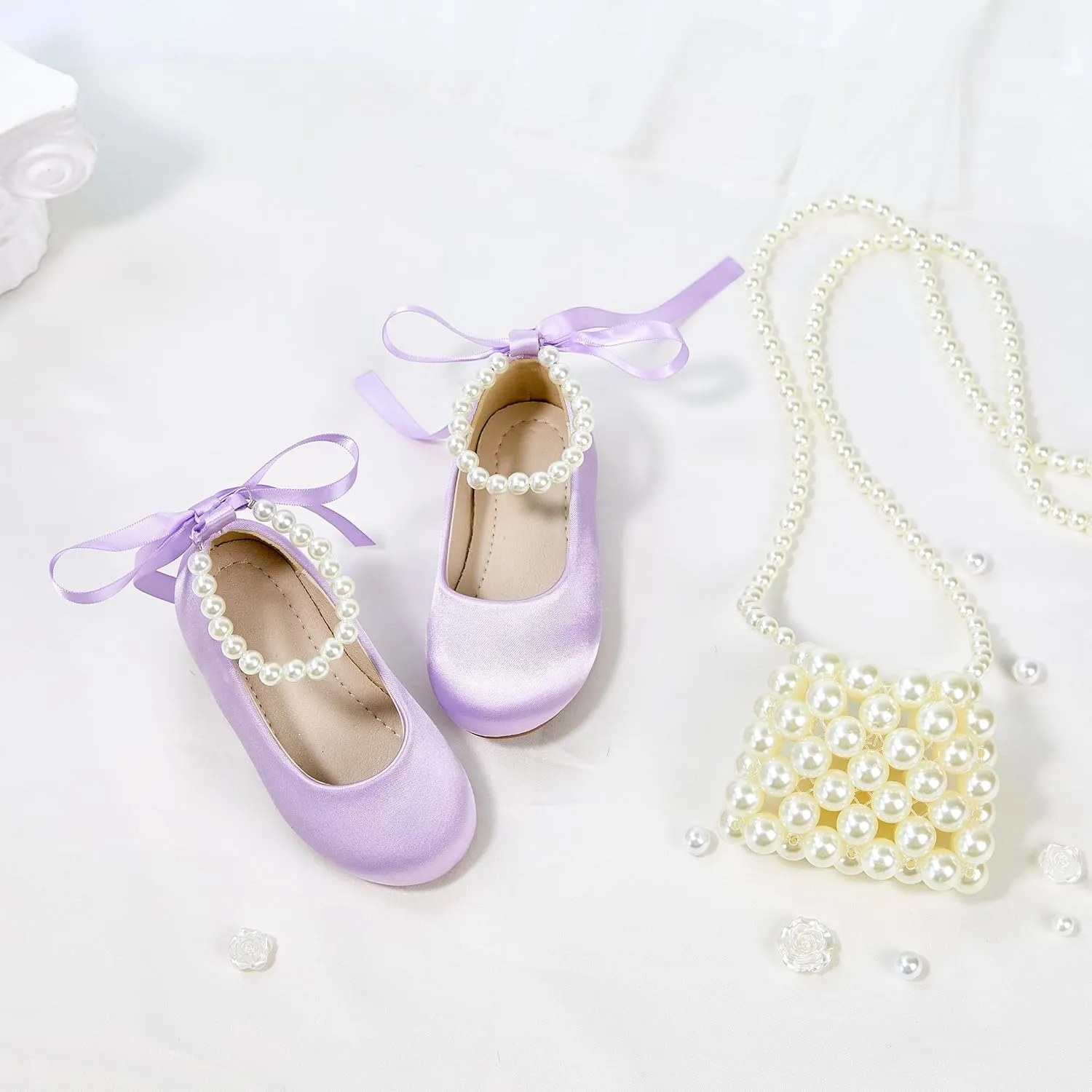 Toddler Flower Girl Dress Shoes - Little Girl Ballet Flats Pearl Strap for Wedding Party