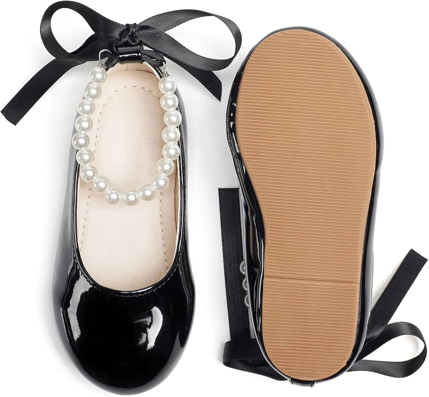 Toddler Flower Girl Dress Shoes - Little Girl Ballet Flats Pearl Strap for Wedding Party