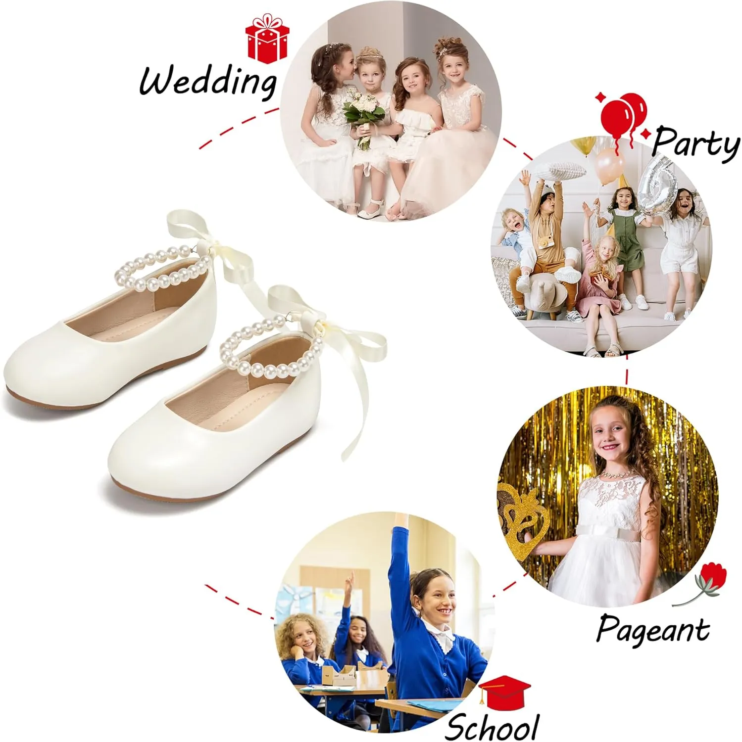 Toddler Flower Girl Dress Shoes - Little Girl Ballet Flats Pearl Strap for Wedding Party