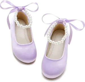 Toddler Flower Girl Dress Shoes - Little Girl Ballet Flats Pearl Strap for Wedding Party