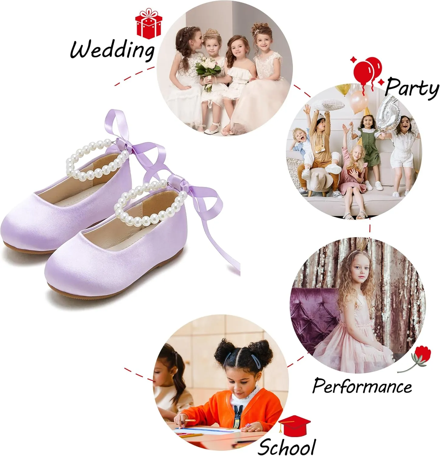 Toddler Flower Girl Dress Shoes - Little Girl Ballet Flats Pearl Strap for Wedding Party