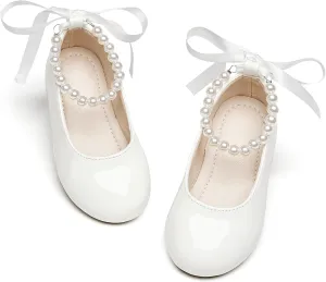 Toddler Flower Girl Dress Shoes - Little Girl Ballet Flats Pearl Strap for Wedding Party