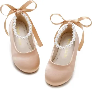 Toddler Flower Girl Dress Shoes - Little Girl Ballet Flats Pearl Strap for Wedding Party