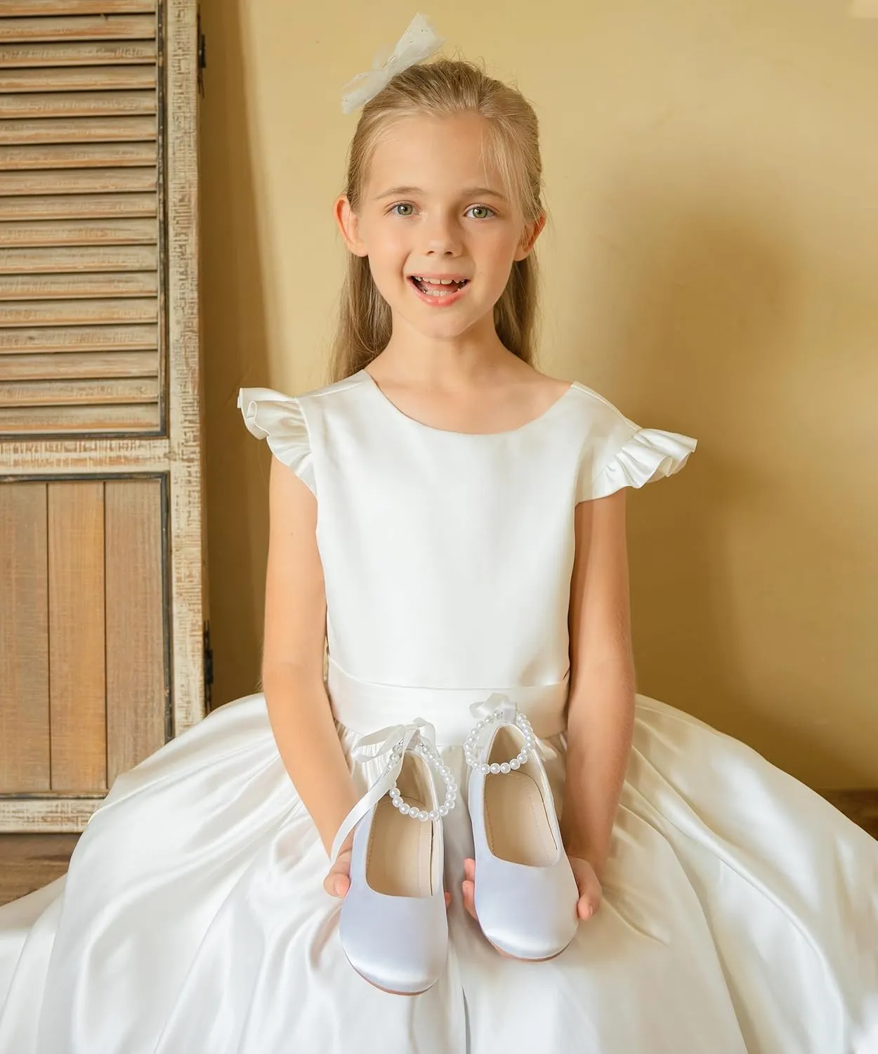 Toddler Flower Girl Dress Shoes - Little Girl Ballet Flats Pearl Strap for Wedding Party