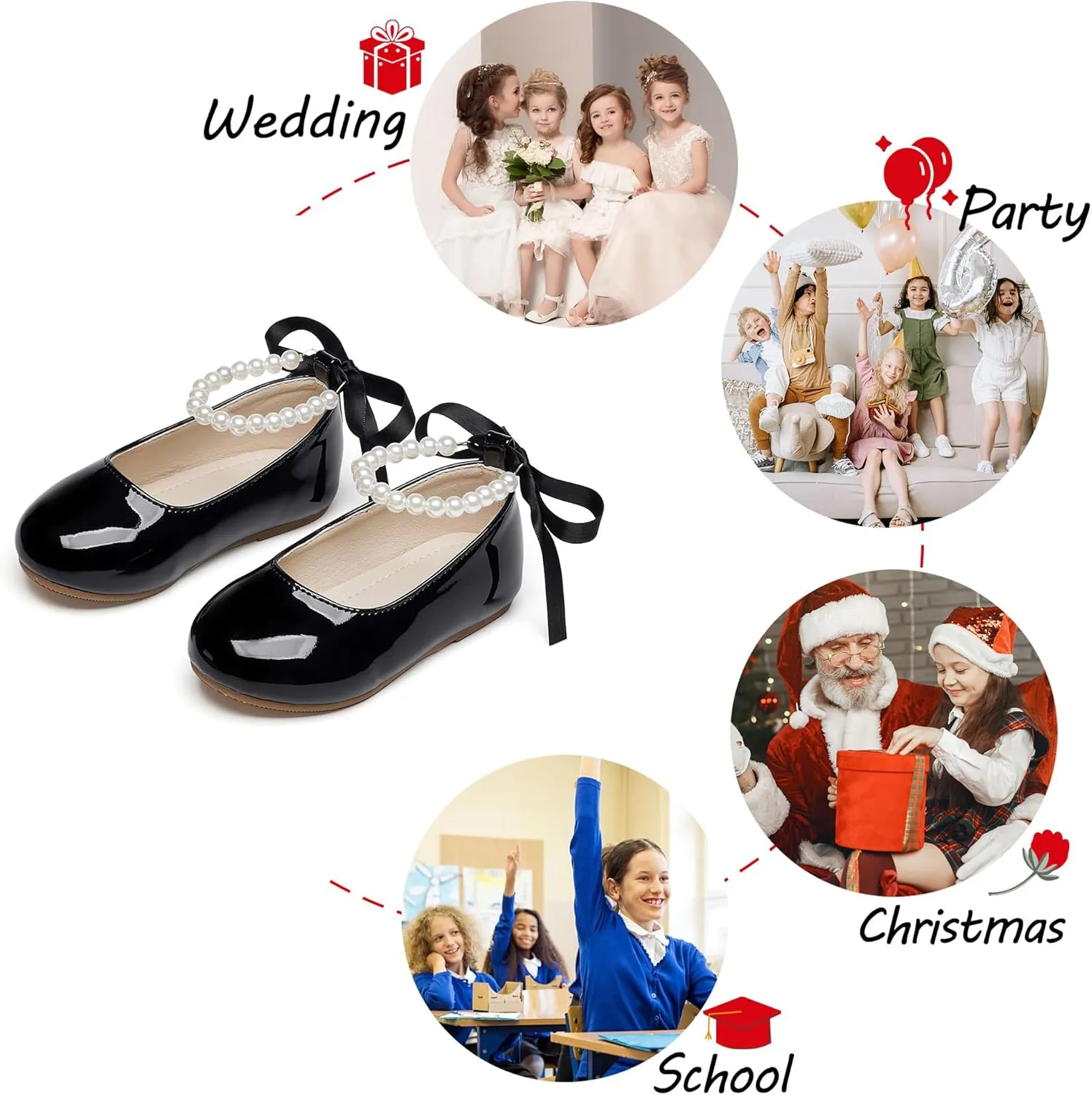Toddler Flower Girl Dress Shoes - Little Girl Ballet Flats Pearl Strap for Wedding Party