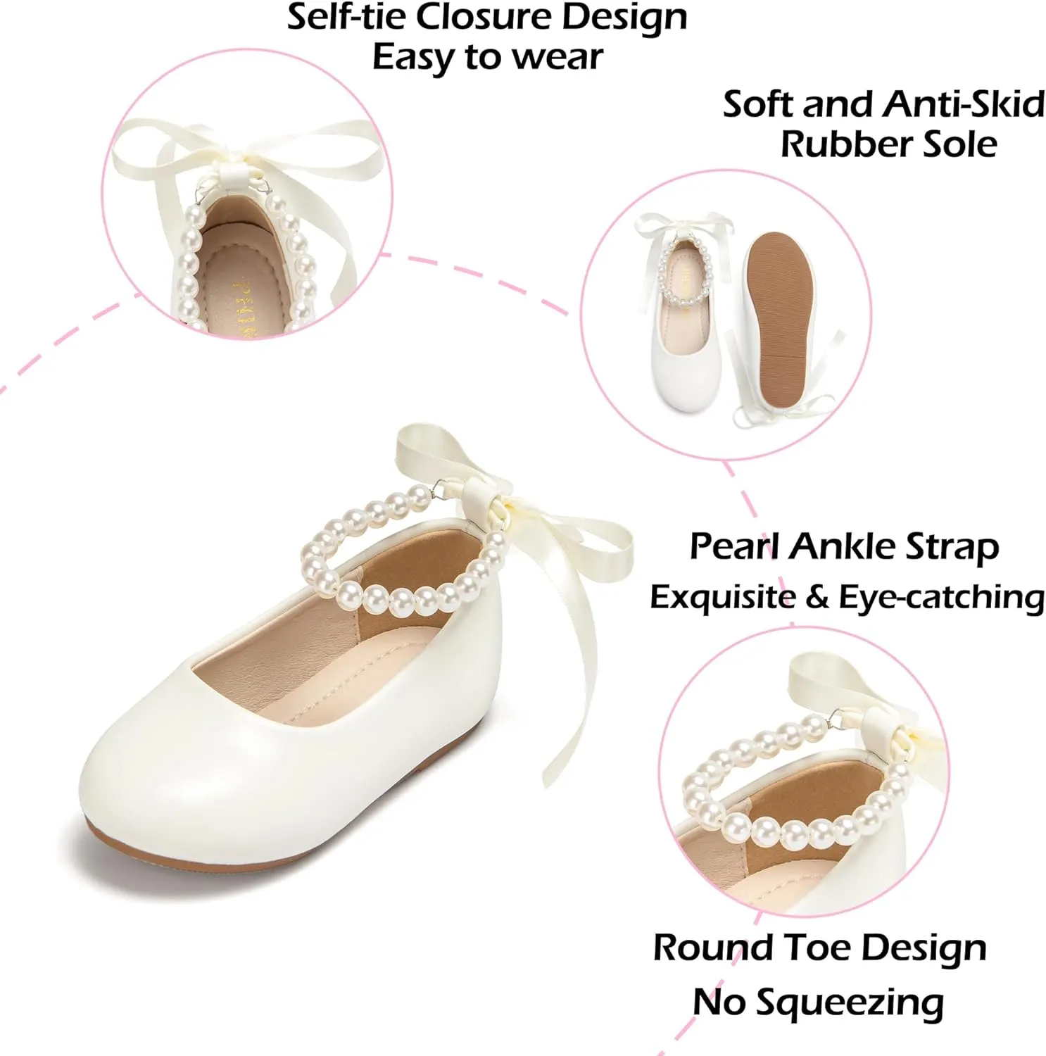 Toddler Flower Girl Dress Shoes - Little Girl Ballet Flats Pearl Strap for Wedding Party
