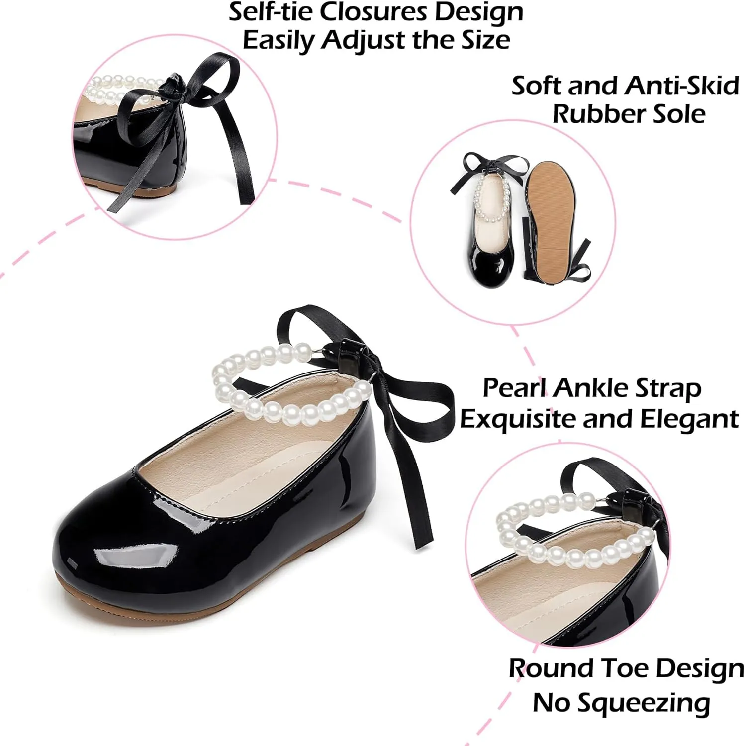 Toddler Flower Girl Dress Shoes - Little Girl Ballet Flats Pearl Strap for Wedding Party