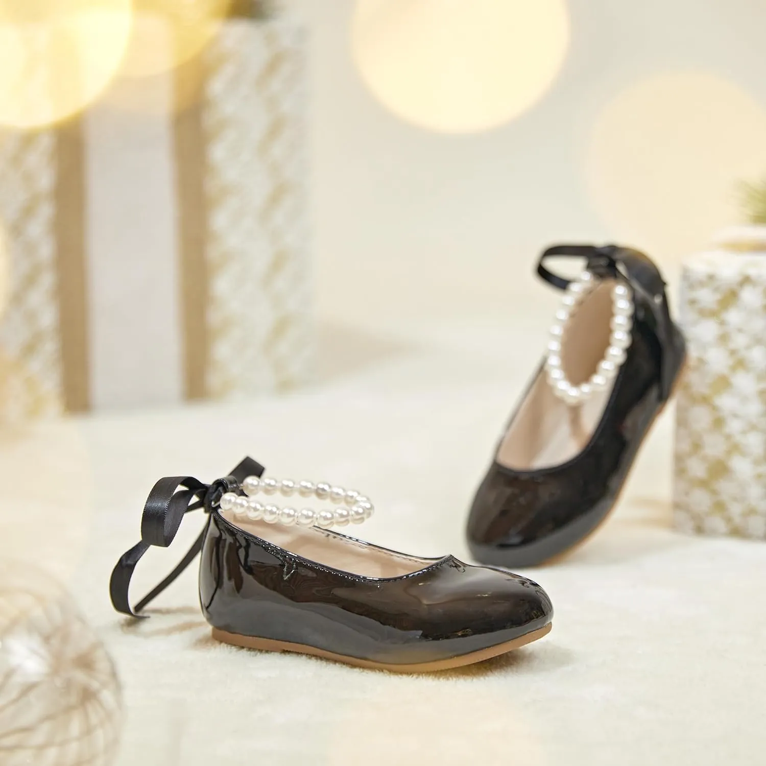 Toddler Flower Girl Dress Shoes - Little Girl Ballet Flats Pearl Strap for Wedding Party