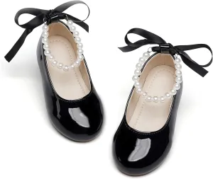 Toddler Flower Girl Dress Shoes - Little Girl Ballet Flats Pearl Strap for Wedding Party