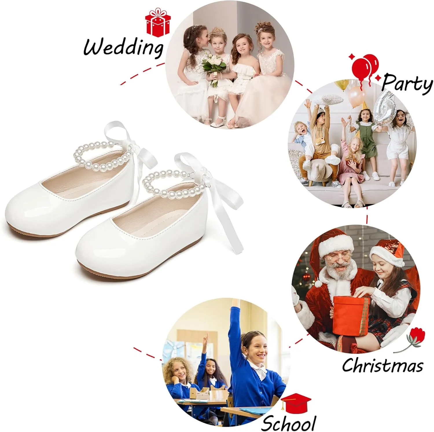 Toddler Flower Girl Dress Shoes - Little Girl Ballet Flats Pearl Strap for Wedding Party