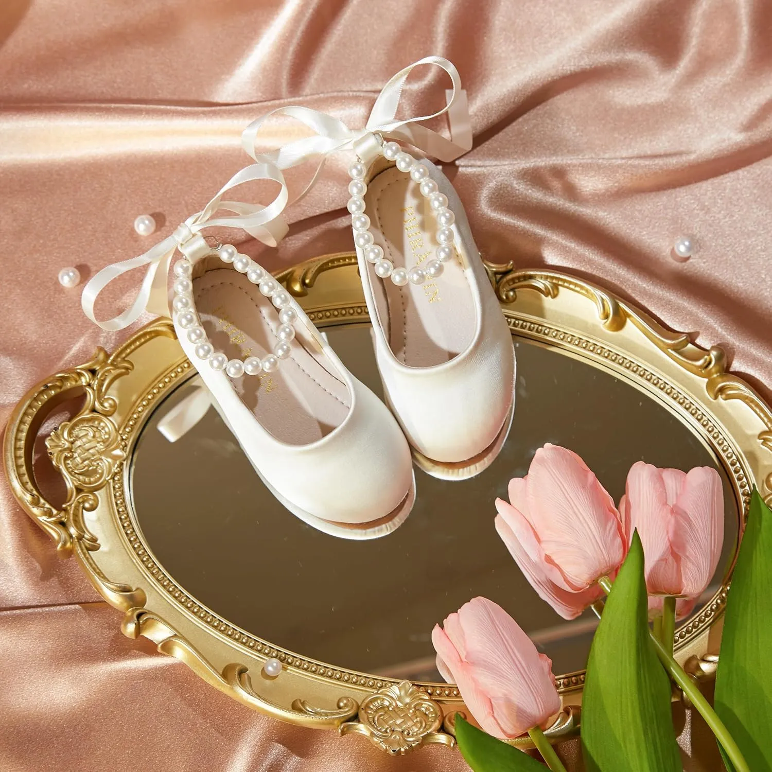 Toddler Flower Girl Dress Shoes - Little Girl Ballet Flats Pearl Strap for Wedding Party
