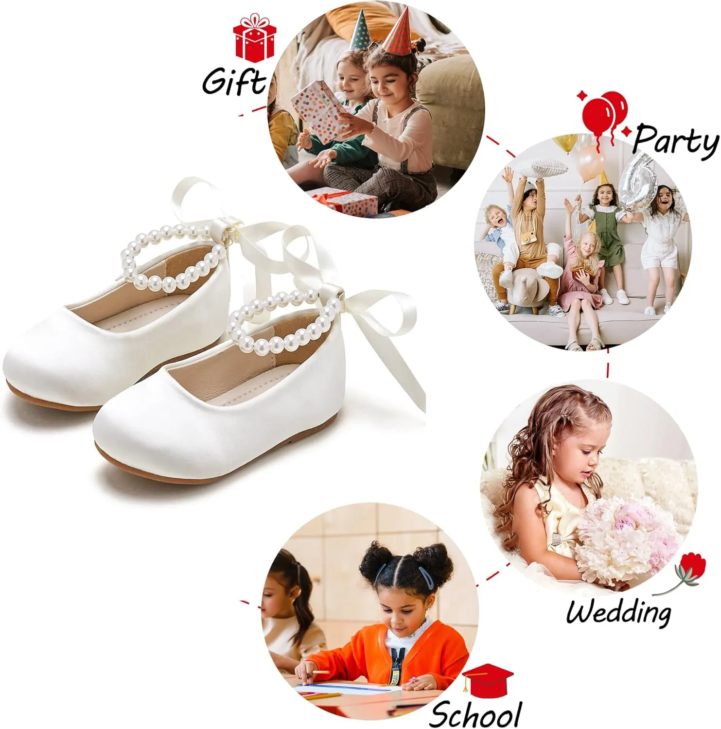 Toddler Flower Girl Dress Shoes - Little Girl Ballet Flats Pearl Strap for Wedding Party