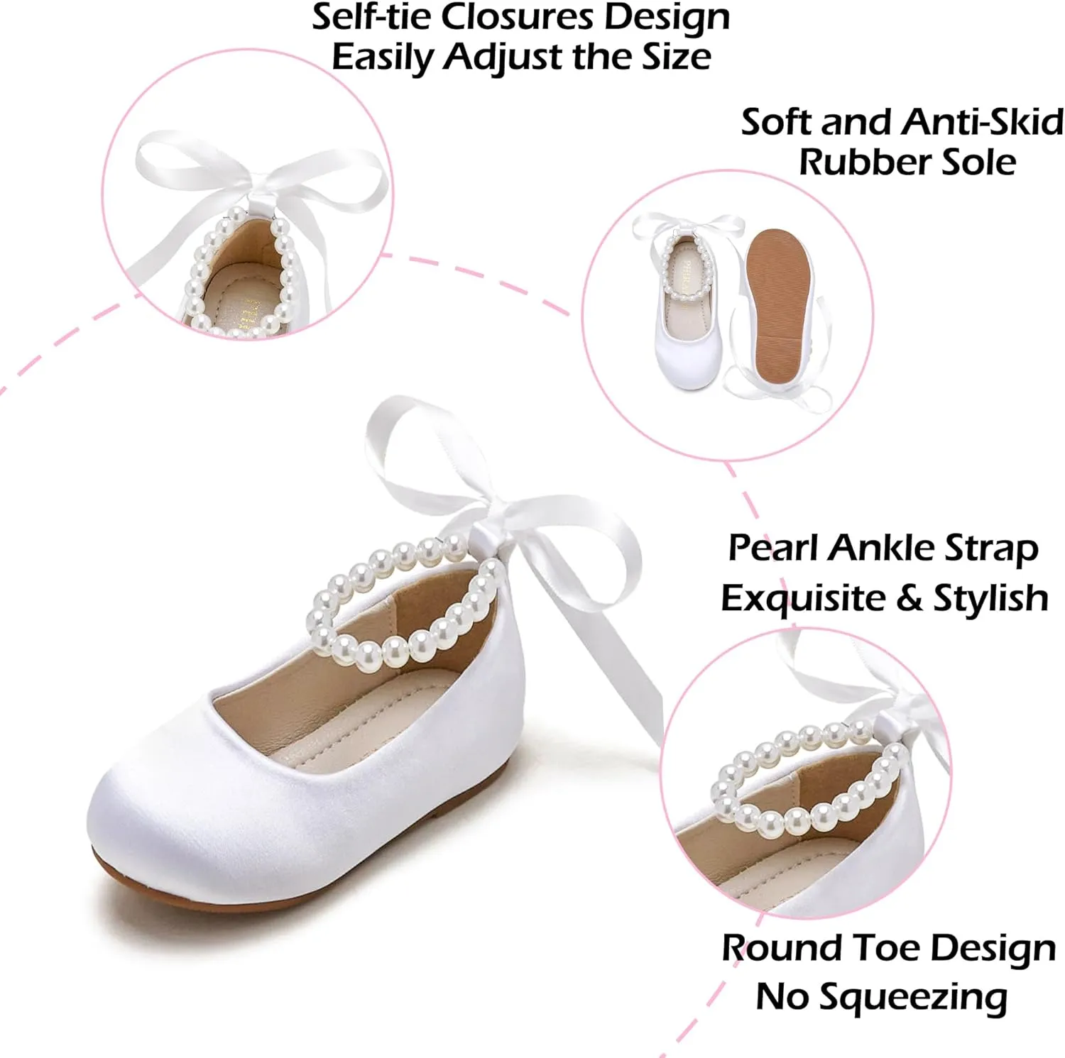 Toddler Flower Girl Dress Shoes - Little Girl Ballet Flats Pearl Strap for Wedding Party