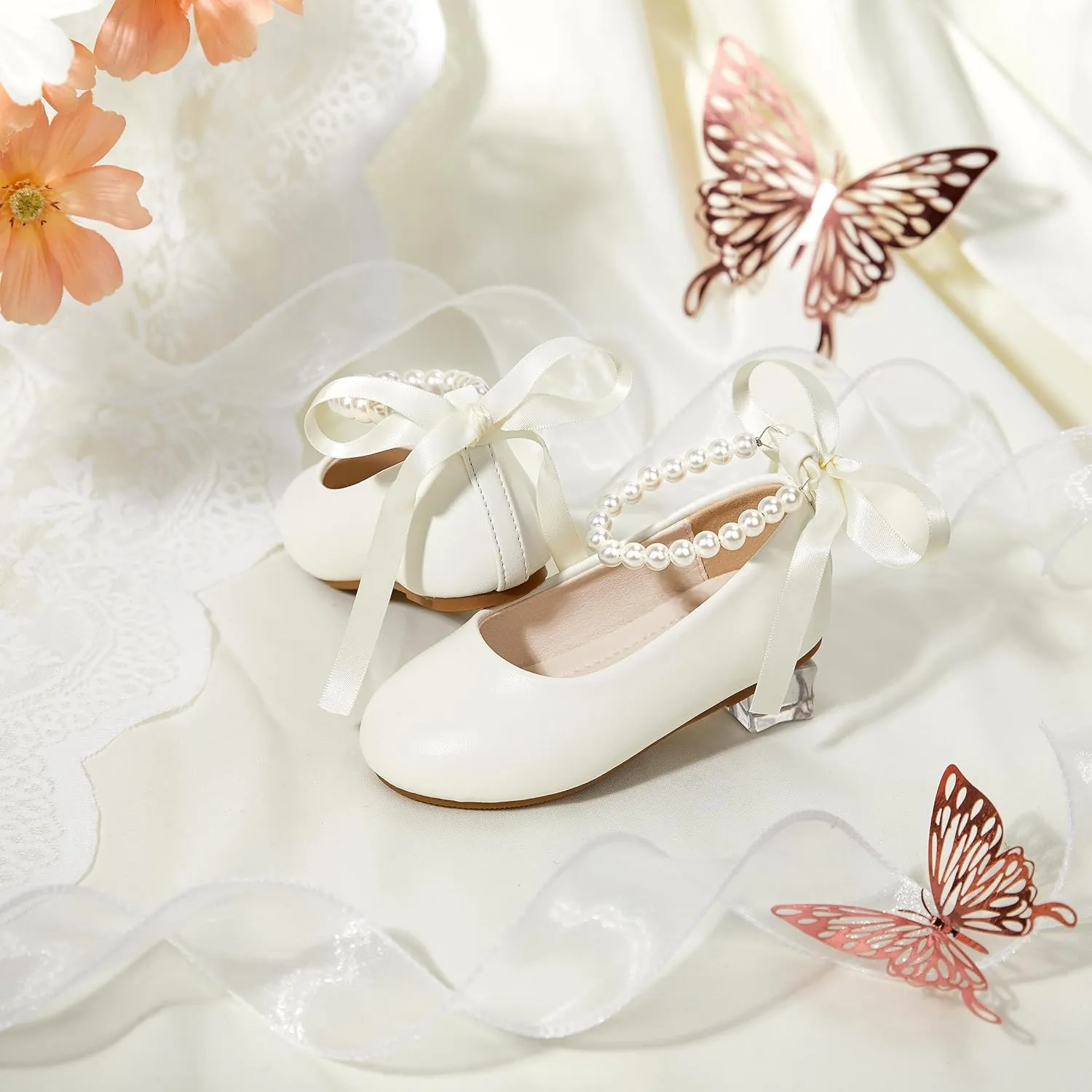 Toddler Flower Girl Dress Shoes - Little Girl Ballet Flats Pearl Strap for Wedding Party