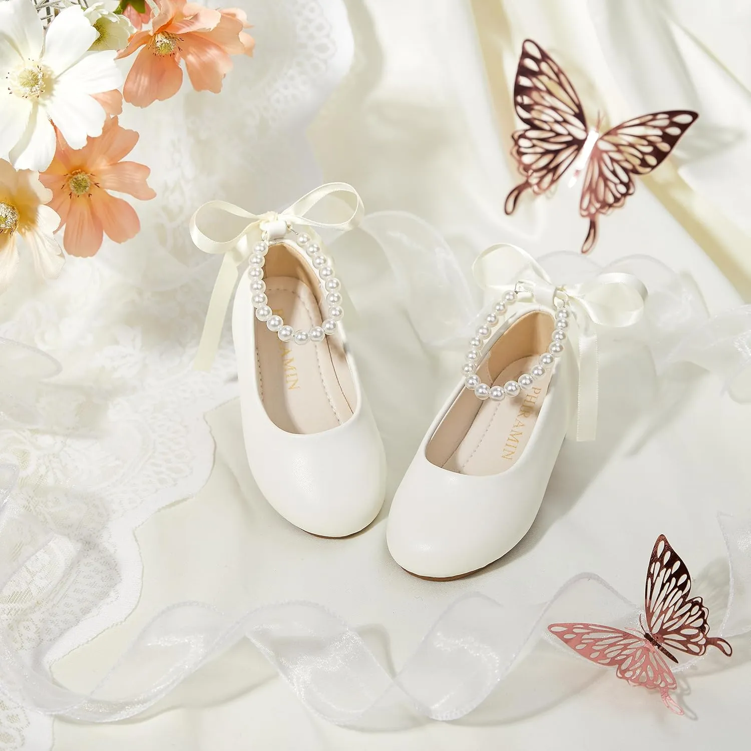 Toddler Flower Girl Dress Shoes - Little Girl Ballet Flats Pearl Strap for Wedding Party