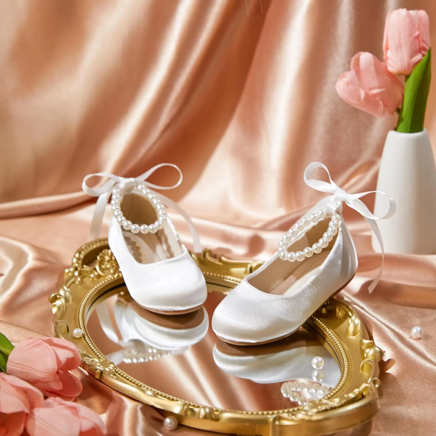 Toddler Flower Girl Dress Shoes - Little Girl Ballet Flats Pearl Strap for Wedding Party