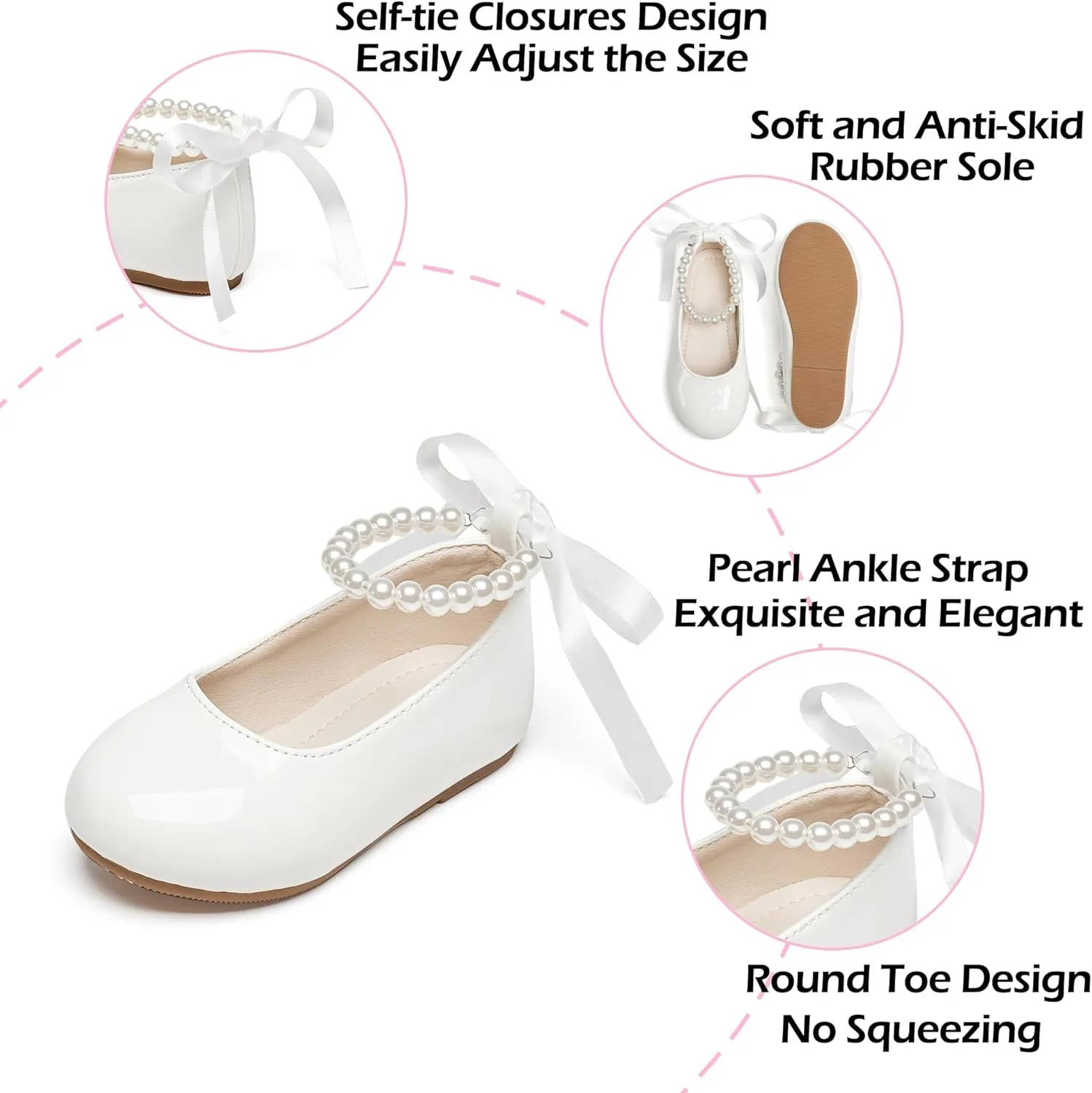 Toddler Flower Girl Dress Shoes - Little Girl Ballet Flats Pearl Strap for Wedding Party
