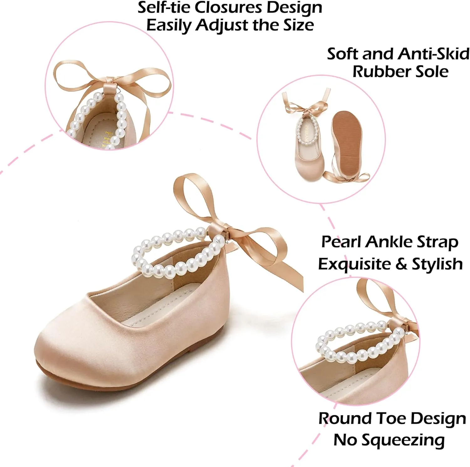 Toddler Flower Girl Dress Shoes - Little Girl Ballet Flats Pearl Strap for Wedding Party
