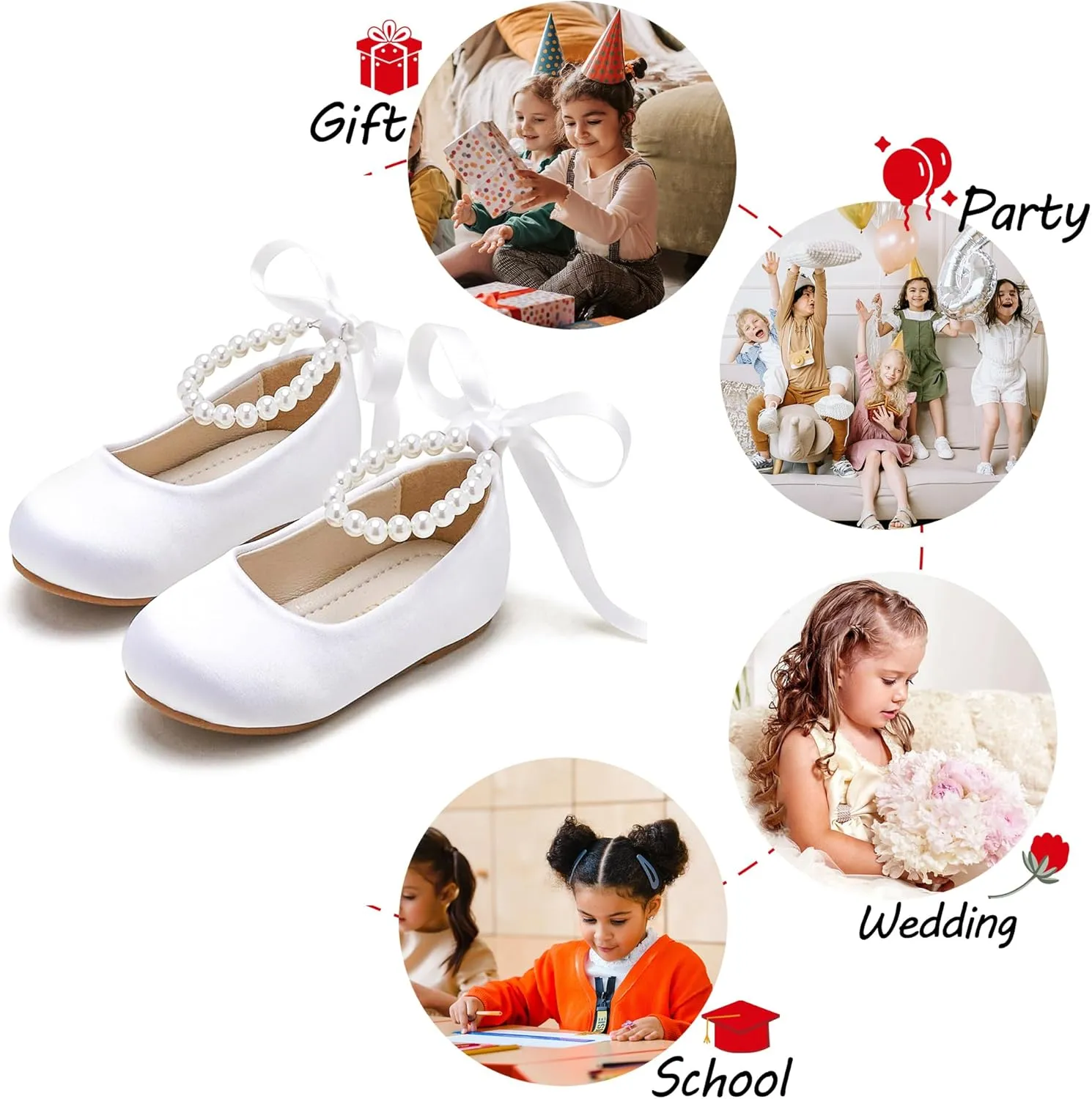 Toddler Flower Girl Dress Shoes - Little Girl Ballet Flats Pearl Strap for Wedding Party