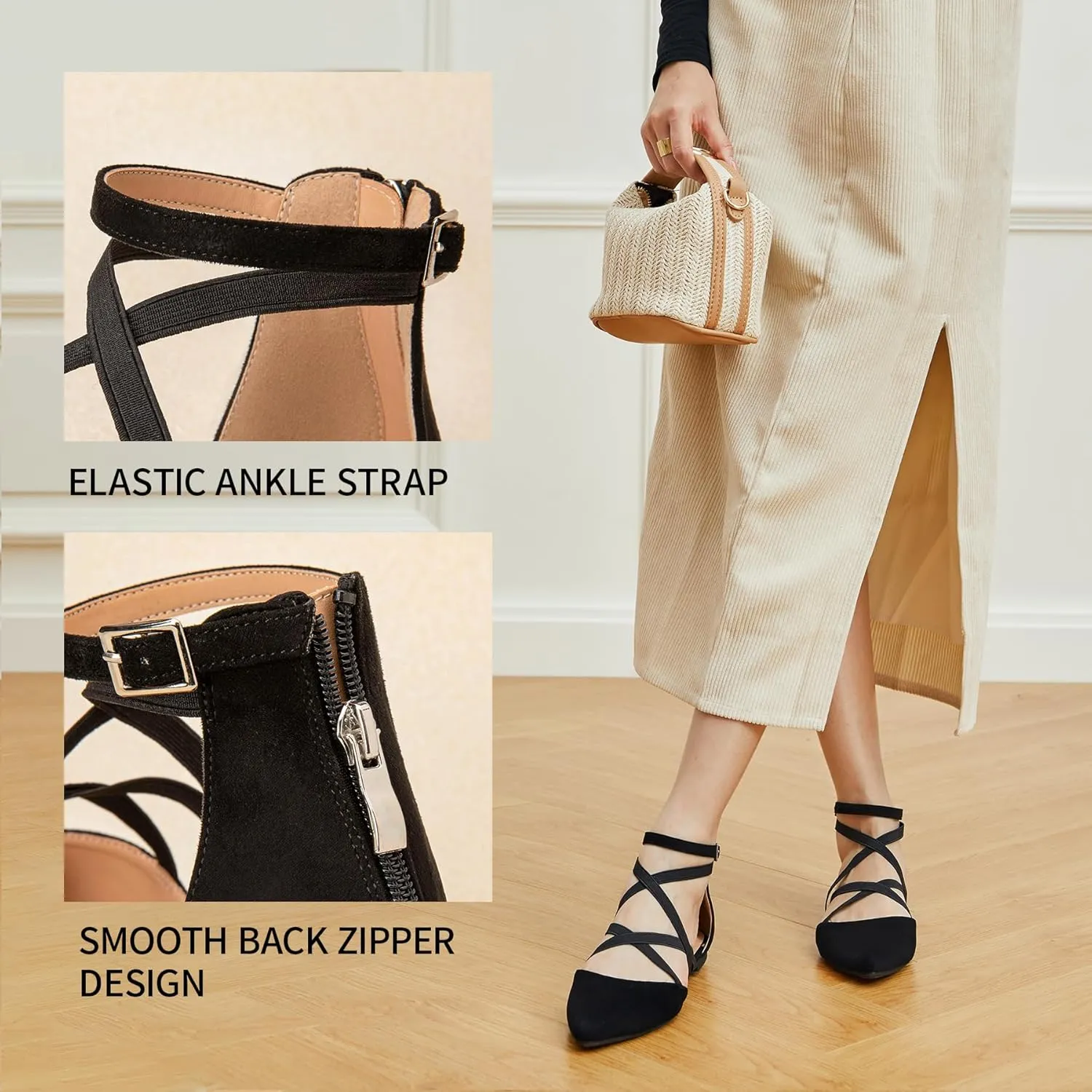 Trary Black Flats for Women, Mary Jane Shoes, Ballet Flats with Ankle Strap, Dressy Comfortable Pointed Toe Shoes