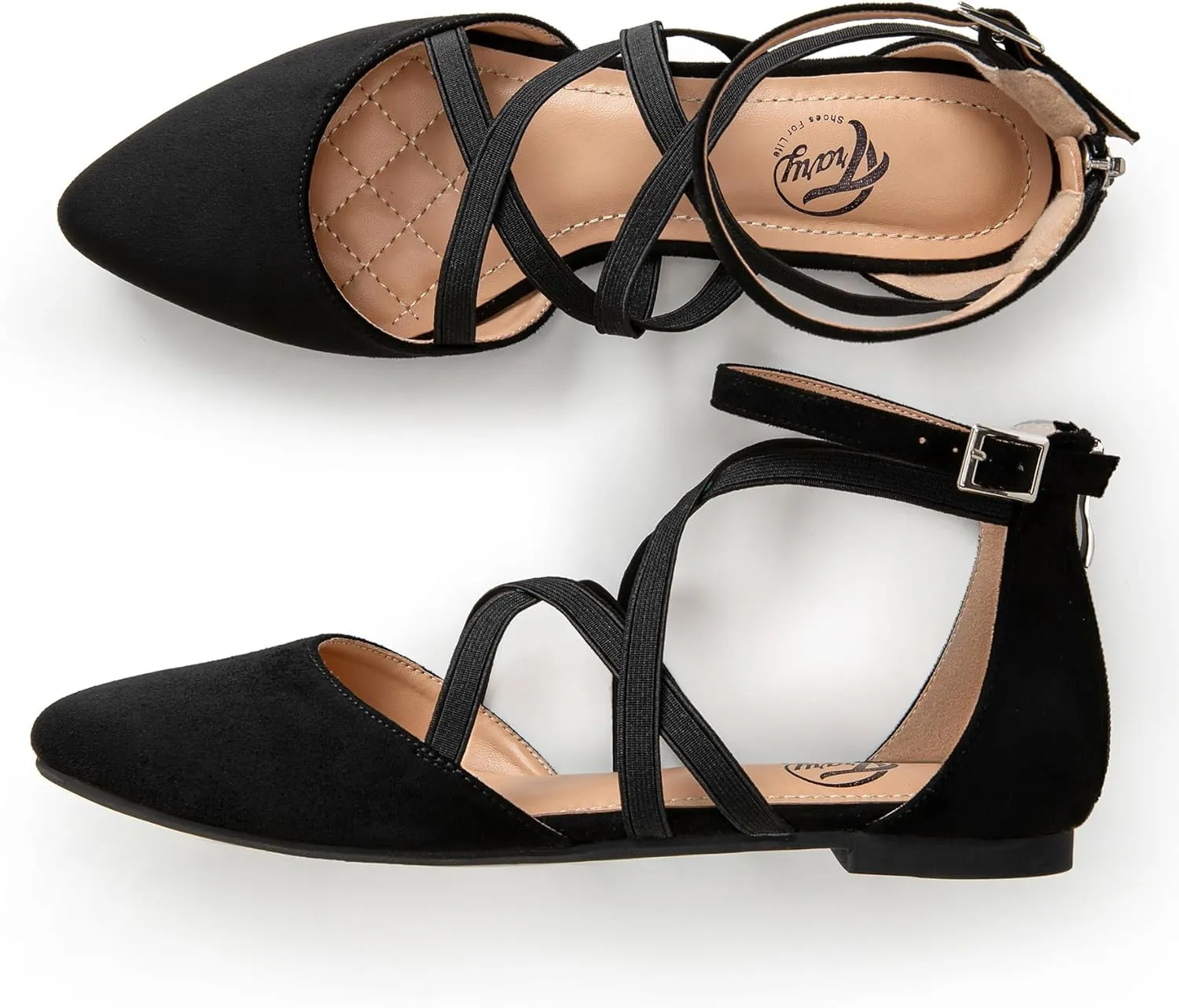 Trary Black Flats for Women, Mary Jane Shoes, Ballet Flats with Ankle Strap, Dressy Comfortable Pointed Toe Shoes