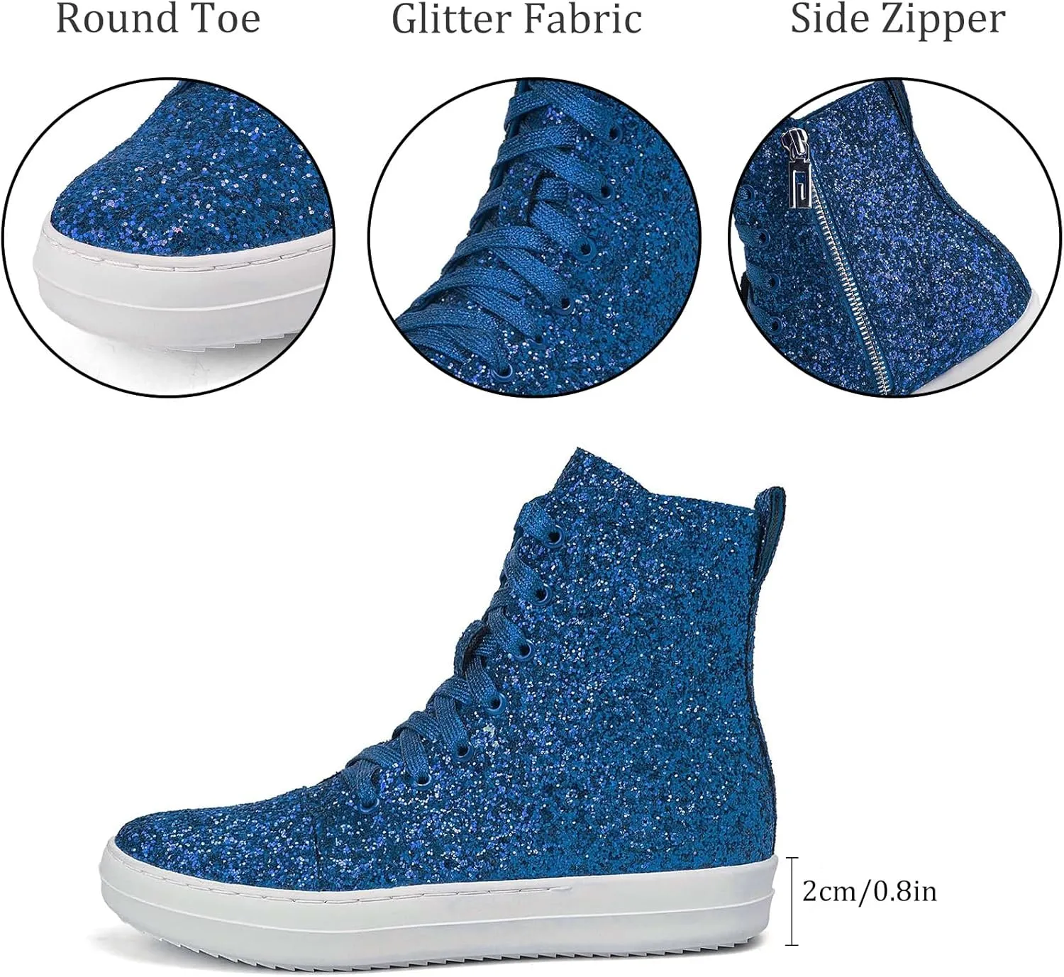 UBWDU Women's High Top Glitter Tennis Sneaker Platform Sneaker with Zipper Rhinestone Bling Wedding Bridal Shoes Shiny Sequin Shoes