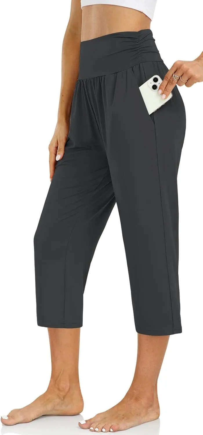 UEU Women's Capri Pants Summer Loose Yoga Pants Comfy Workout Cropprd Pants with Pockets