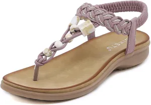 UIKGITP Bohemian Gemstones Summer Women Wedges Flat Sandals Slippers Beach Vintage Casual Flip Flops Elastic Ankle Strap T Strap Thong Strappy Comfortable Platform Slides Shoes