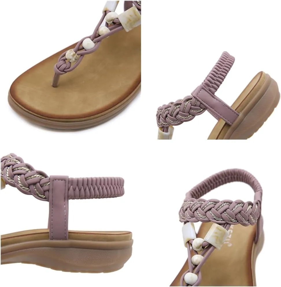 UIKGITP Bohemian Gemstones Summer Women Wedges Flat Sandals Slippers Beach Vintage Casual Flip Flops Elastic Ankle Strap T Strap Thong Strappy Comfortable Platform Slides Shoes