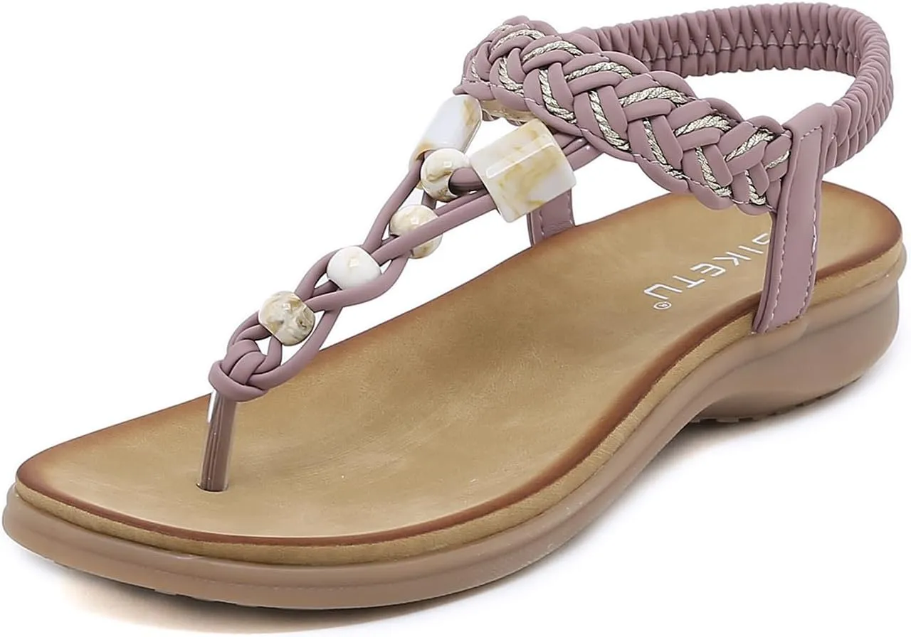 UIKGITP Bohemian Gemstones Summer Women Wedges Flat Sandals Slippers Beach Vintage Casual Flip Flops Elastic Ankle Strap T Strap Thong Strappy Comfortable Platform Slides Shoes