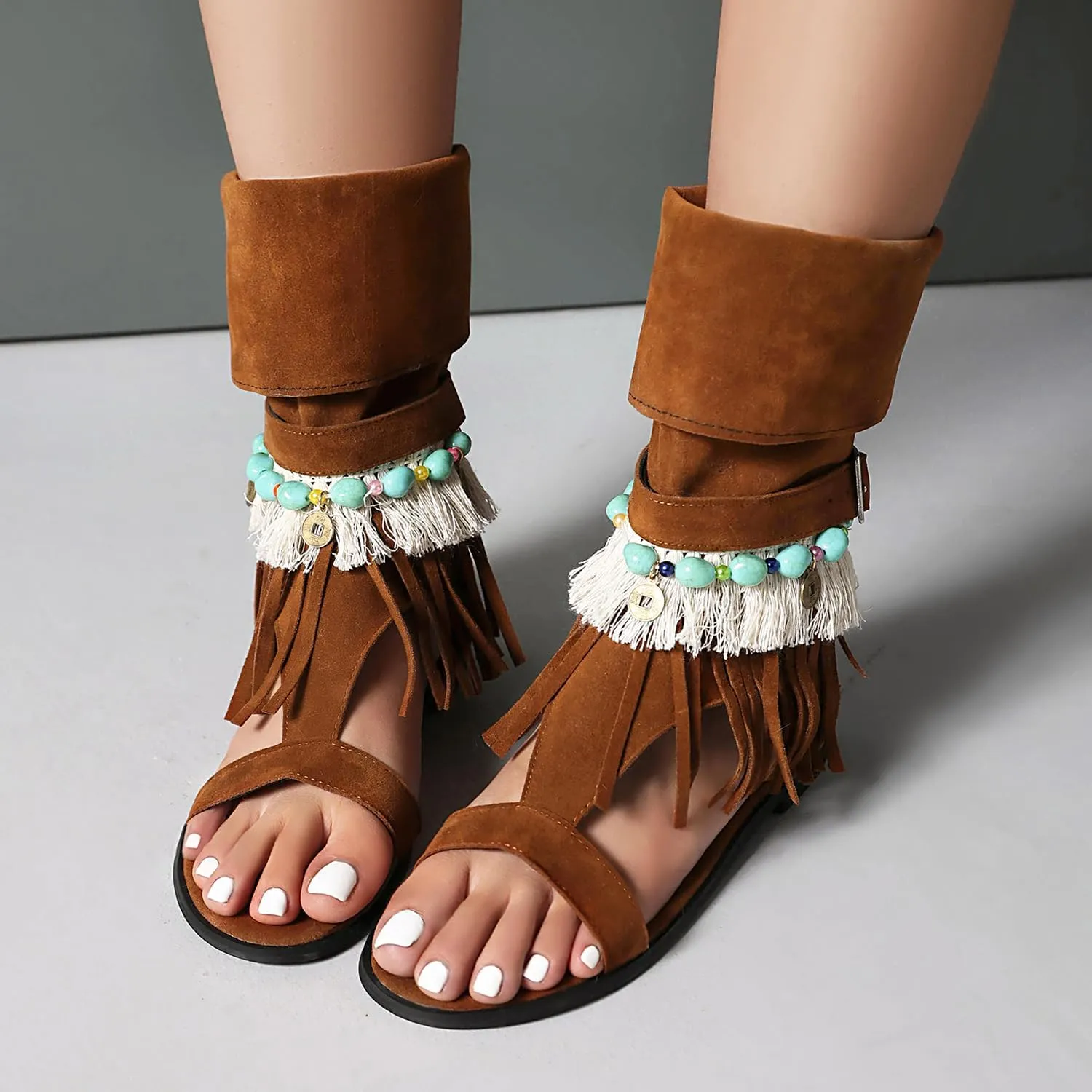 UP2STEP Beaded Suede Gladiator Flat Sandal with Fringe Tassel | Open Toe Design and Zipper Closure for Women's Chic Casual Style