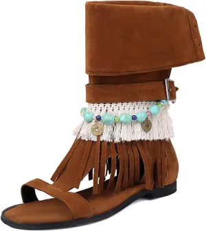 UP2STEP Beaded Suede Gladiator Flat Sandal with Fringe Tassel | Open Toe Design and Zipper Closure for Women's Chic Casual Style