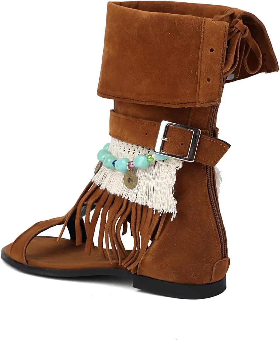 UP2STEP Beaded Suede Gladiator Flat Sandal with Fringe Tassel | Open Toe Design and Zipper Closure for Women's Chic Casual Style