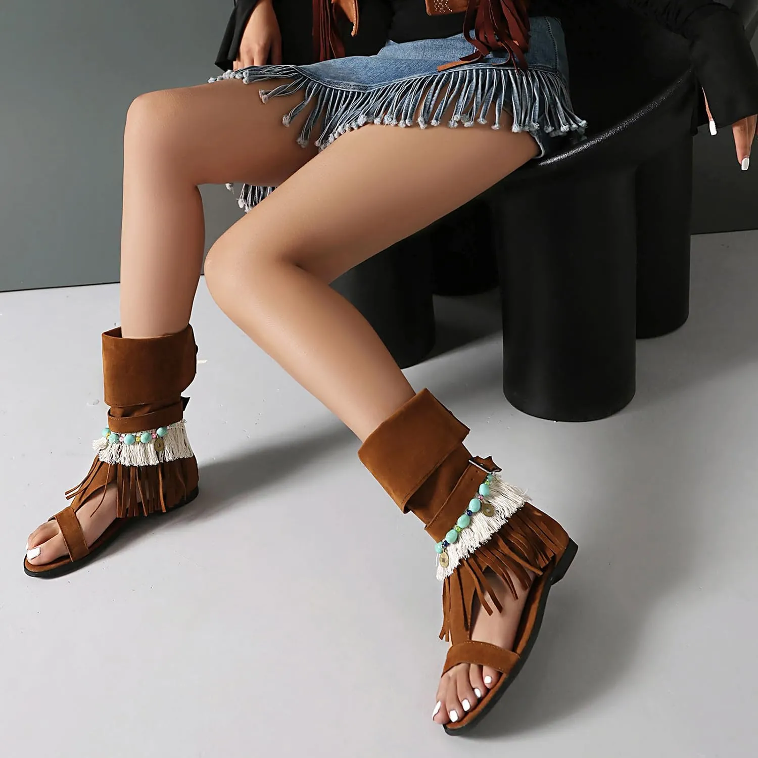 UP2STEP Beaded Suede Gladiator Flat Sandal with Fringe Tassel | Open Toe Design and Zipper Closure for Women's Chic Casual Style