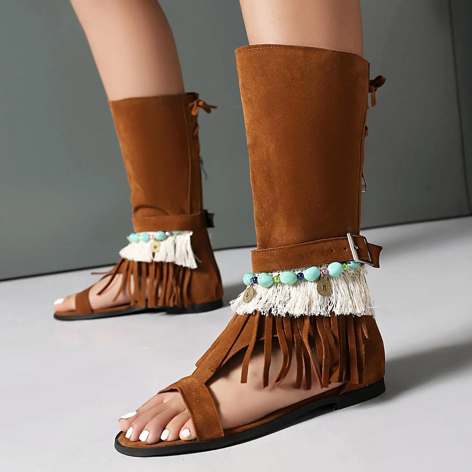 UP2STEP Beaded Suede Gladiator Flat Sandal with Fringe Tassel | Open Toe Design and Zipper Closure for Women's Chic Casual Style