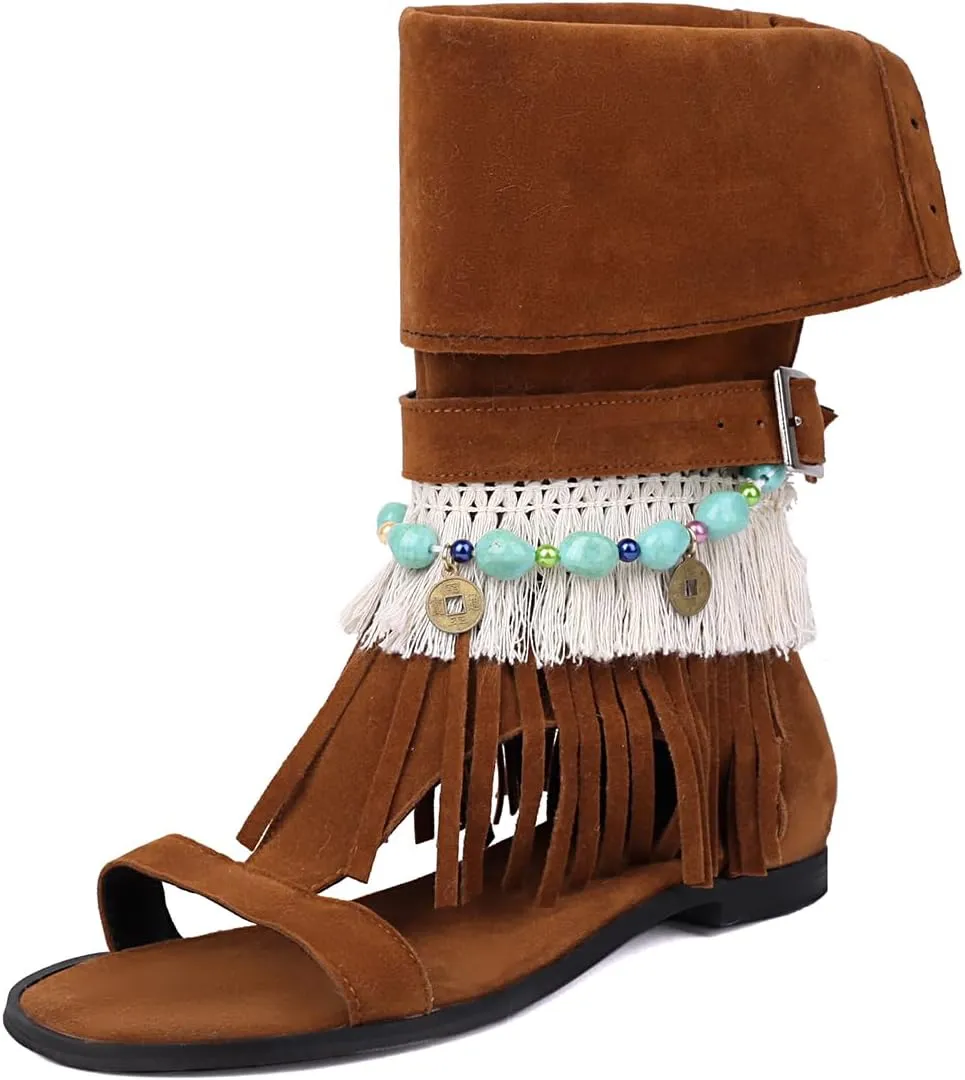 UP2STEP Beaded Suede Gladiator Flat Sandal with Fringe Tassel | Open Toe Design and Zipper Closure for Women's Chic Casual Style