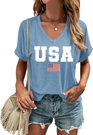 USA Flag V-Neck Shirt Women Star and Stripes Graphic Tops Red White and Blue Short Sleeve Tee Summer Patriotic T-Shirt