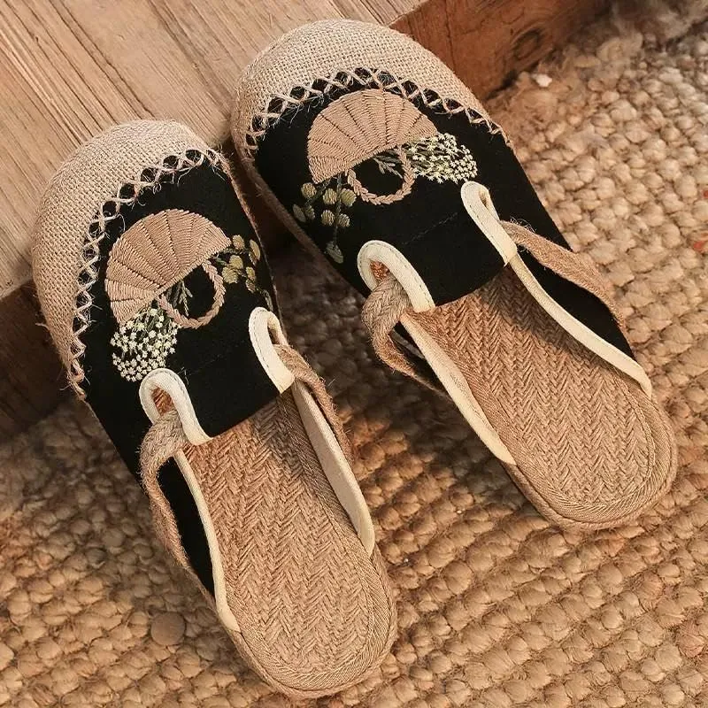 VARECOLA Women's Breathable Cotton Linen Cute Print Flat Mules Exquisite Embroidery Boho Style Slip On Slingback Espadrilles Slipper Shoes