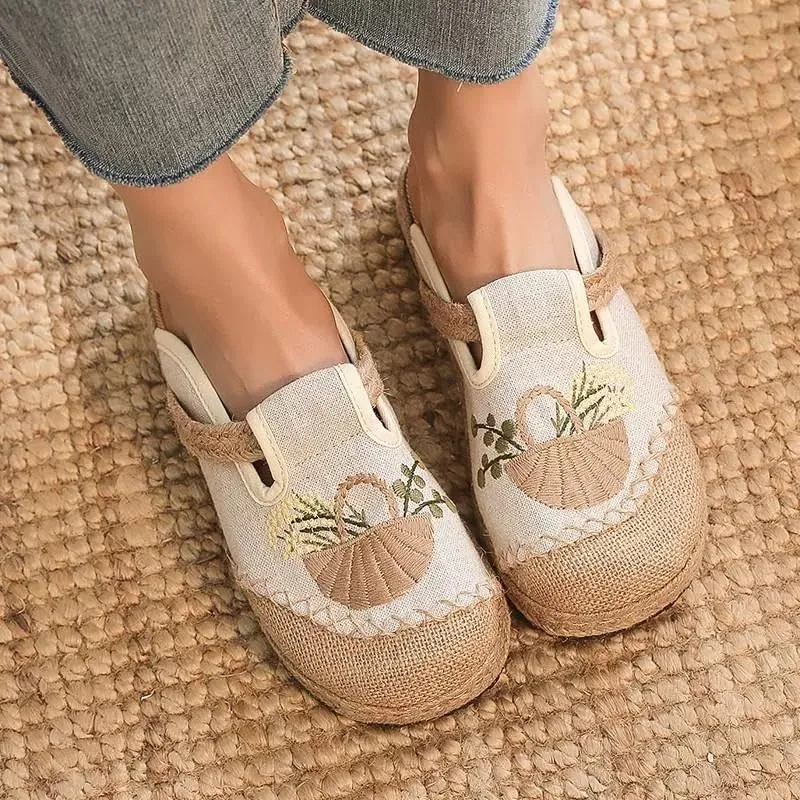 VARECOLA Women's Breathable Cotton Linen Cute Print Flat Mules Exquisite Embroidery Boho Style Slip On Slingback Espadrilles Slipper Shoes