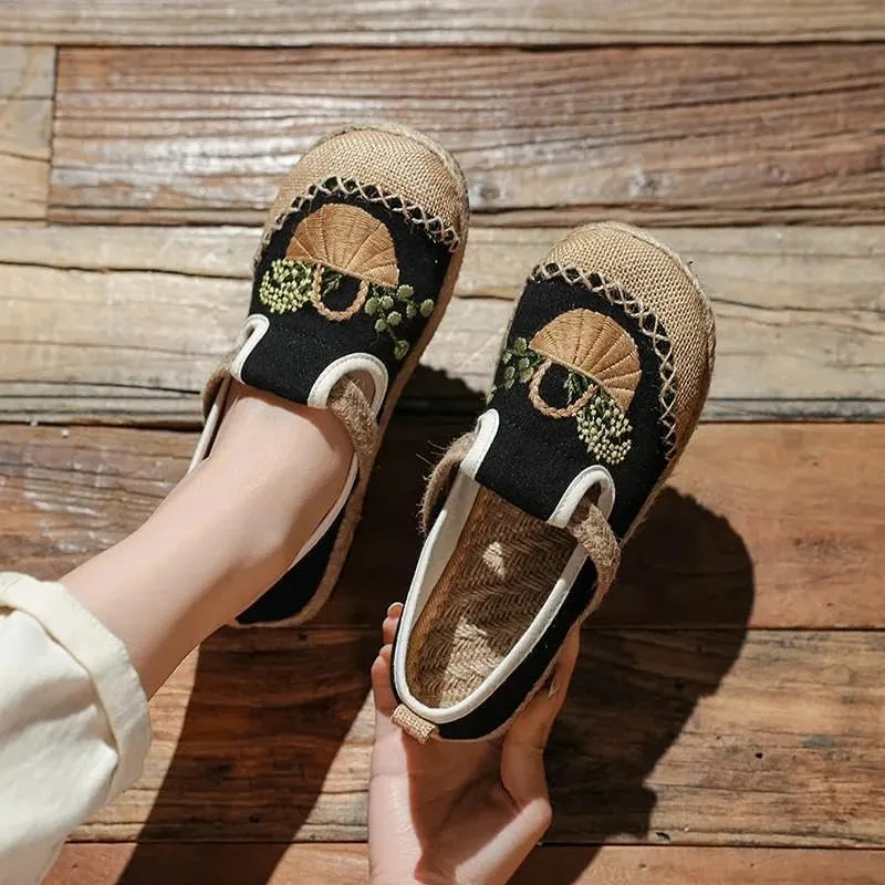 VARECOLA Women's Breathable Cotton Linen Cute Print Flat Mules Exquisite Embroidery Boho Style Slip On Slingback Espadrilles Slipper Shoes