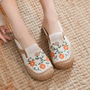 VARECOLA Women's Breathable Cotton Linen Cute Print Flat Mules Exquisite Embroidery Boho Style Slip On Slingback Espadrilles Slipper Shoes