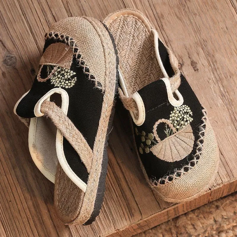 VARECOLA Women's Breathable Cotton Linen Cute Print Flat Mules Exquisite Embroidery Boho Style Slip On Slingback Espadrilles Slipper Shoes