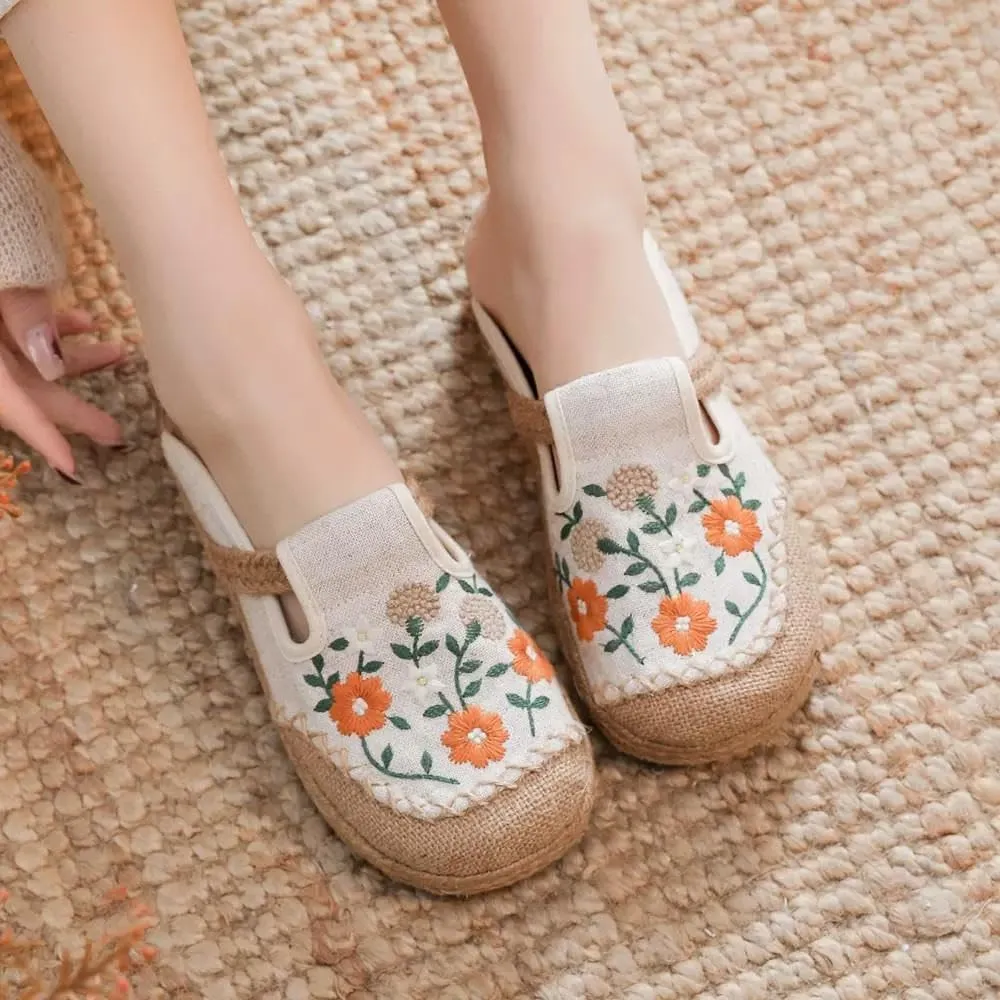 VARECOLA Women's Breathable Cotton Linen Cute Print Flat Mules Exquisite Embroidery Boho Style Slip On Slingback Espadrilles Slipper Shoes