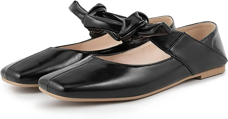 VIMISAOI Square Toe Ballerina Shoes for Women Bow Knots Ballet Flats Mary Jane Flats Slip On Bowtie Strap Flats,Black,Size 9