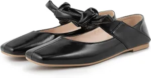 VIMISAOI Square Toe Ballerina Shoes for Women Bow Knots Ballet Flats Mary Jane Flats Slip On Bowtie Strap Flats,Black,Size 9