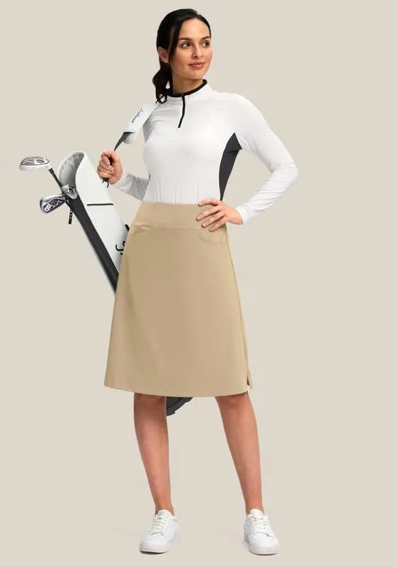 Viodia 25" Knee Length Skorts Skirts for Women with Zipper Pockets Stretchy Modest Aline Midi Skort for Casual Summer Travel
